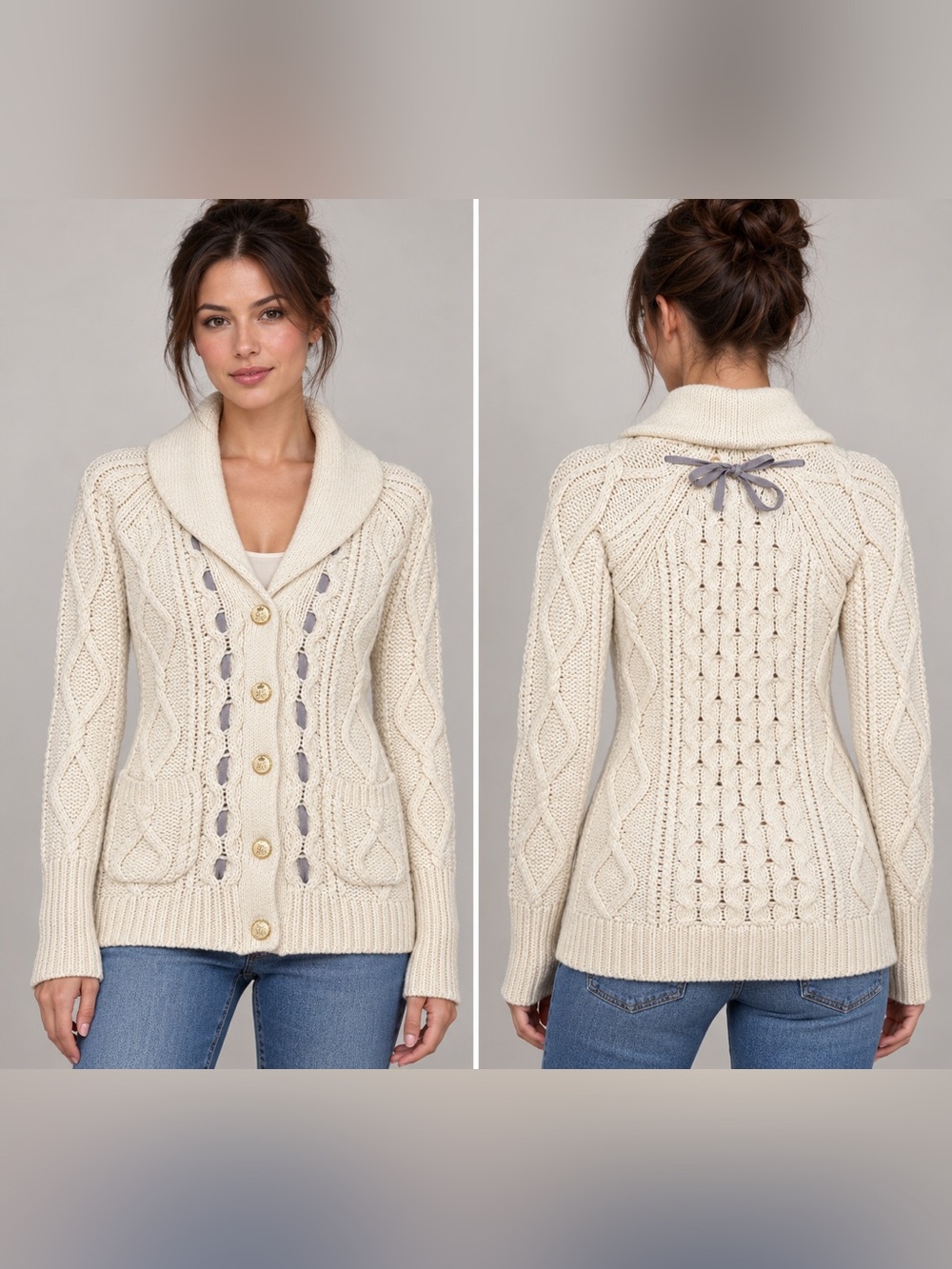 Juicy Couture Cream Cable Knit Ribbon Cardigan Gold Logo Buttons Size P XS
